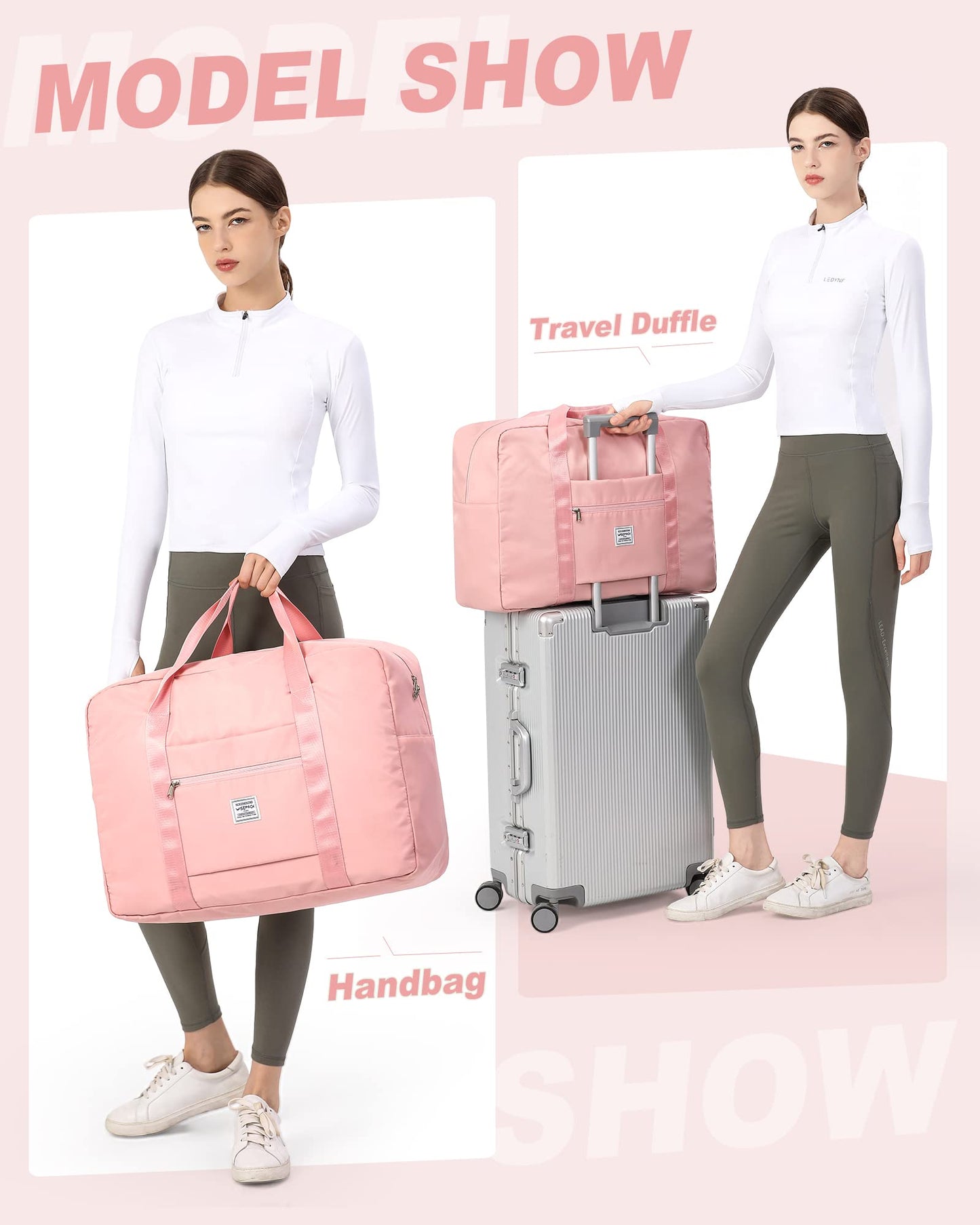 Travel Tote Bag for Women Mens,Foldable Carry on Bag for Airplanes Overnight Bags Travel Bags for Women Weekender Duffle Bag Carry on Luggage with Trolley Sleeve Pink, B7-Pink, L, Sports, Fitness,