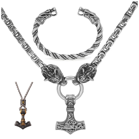 VikingsBrand Handmade Stainless Steel Thor’s Hammer Necklace with Wolf Heads – Mjolnir Pendant, Viking Gifts for Men – Norse Jewelry for Men – Authentic Scandinavian Men’s Accessories
