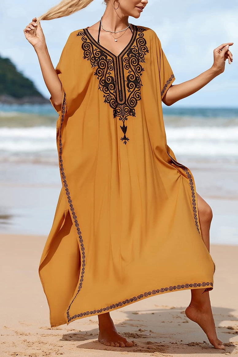 YouKD Embroidered Kaftan Dress Boho Beach Bikini Cover Up Robe Plus Size Loungewear for Women