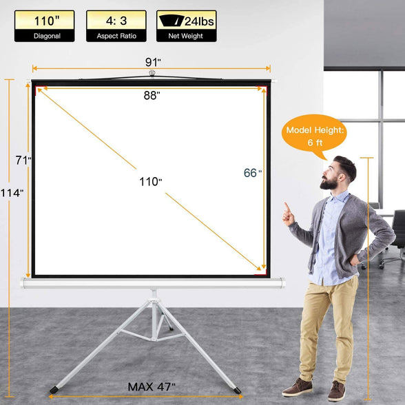Teluxsee Pull up Foldable Height Adjustable Wrinkle-Free Projection Screen Tripod for Movie, Home Theater, Gaming, Office (110in)
