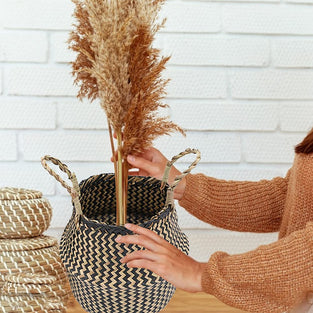 ikasus Woven Seagrass Belly Basket for Storage Plant Pot Basket,Seegrass Laundry Basket with Handles, Boho Home Decor Picnic and Grocery Basket, Plant Pot Cover, Beach Bag and Toy Storage