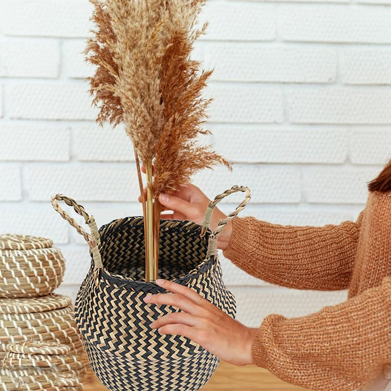 ikasus Woven Seagrass Belly Basket for Storage Plant Pot Basket,Seegrass Laundry Basket with Handles, Boho Home Decor Picnic and Grocery Basket, Plant Pot Cover, Beach Bag and Toy Storage