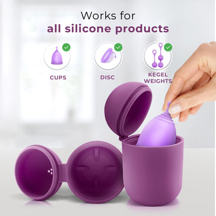 EcoBlossom Menstrual Cup Case and Sterilizer - Reusable Silicone Sterilizing Holder - Cleaner Period for You and Your Disc or Cup - Portable Cleaning Container & Microwave Steamer (Purple)
