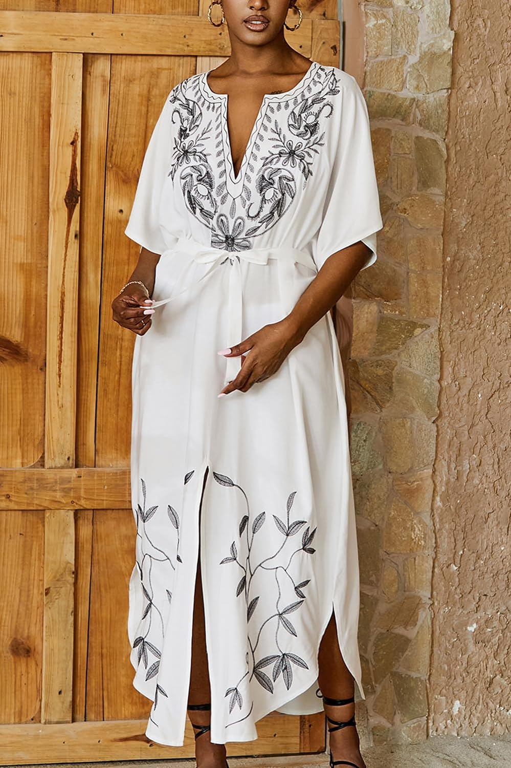 YouKD Embroidered Kaftan Dress Boho Beach Bikini Cover Up Robe Plus Size Loungewear for Women