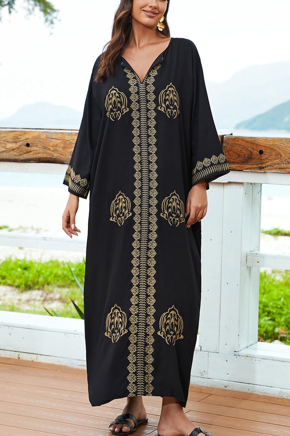 YouKD Embroidered Kaftan Dress Boho Beach Bikini Cover Up Robe Plus Size Loungewear for Women