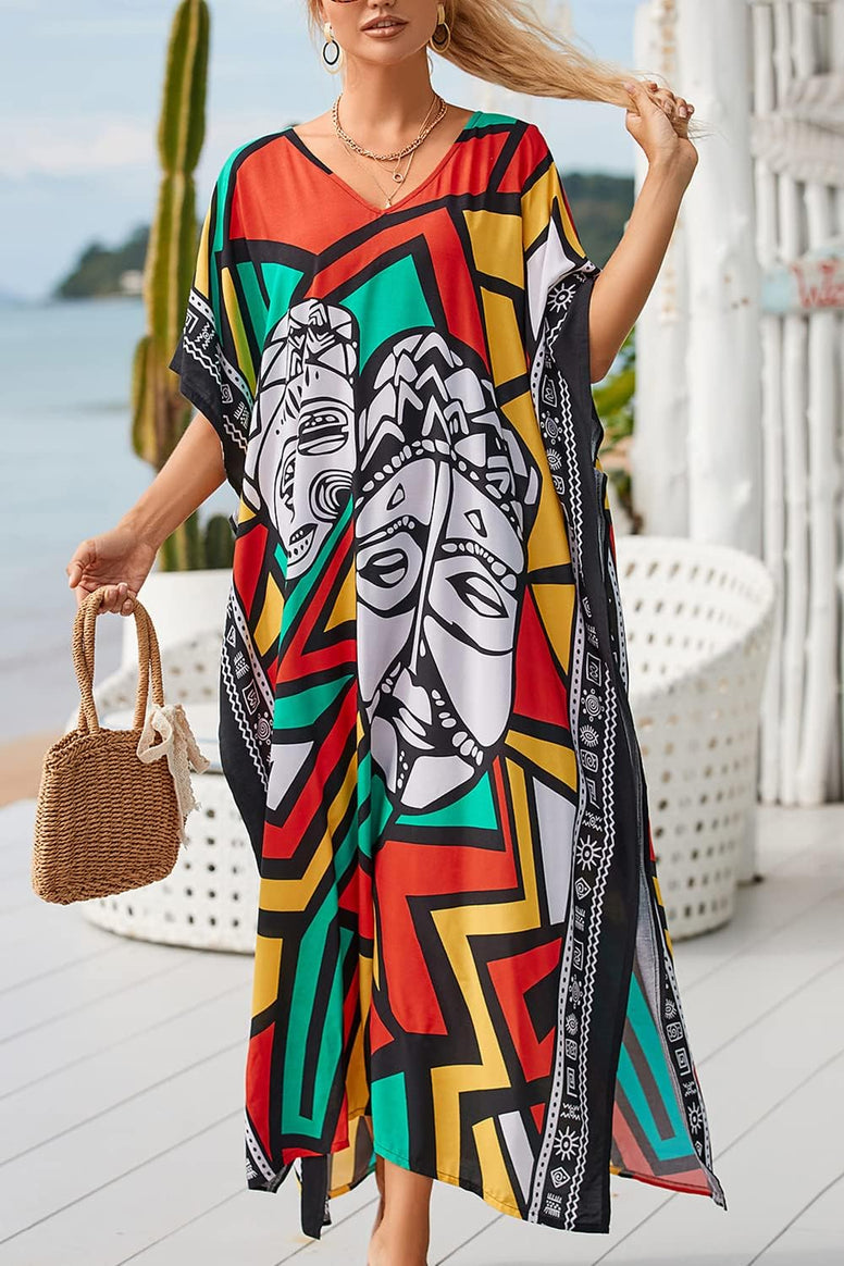 YouKD Maxi Dress V-Neck Kaftan Boho Robes Beach Cover-ups Dress Roomy Gowns for Women