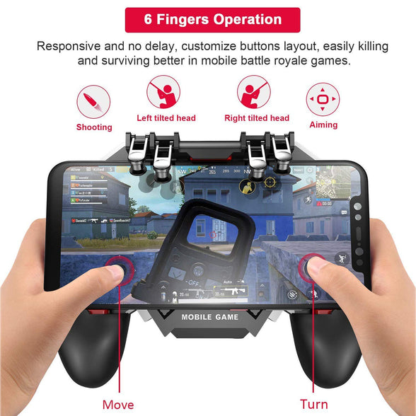 Mobile Game Controller w/ L1R1 L2R2 Triggers [ 6 Finger ], PUBG/COD Mobile Controller w/Cooling Fan & 1200mAh Power Bank, Gaming Grip Joystick Gamepad, Shoot Aim Keys for 4.7-6.5" Android iOS Phone