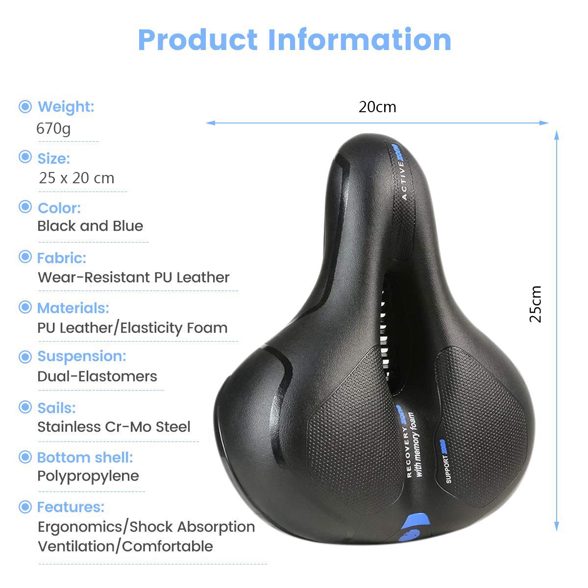 Pritzker Womdee Pritzker Replacement Wide Saddle Memory Foam Padded Bike Seat with Dual Shock Absorbing Rubber Balls and Reflective Strip