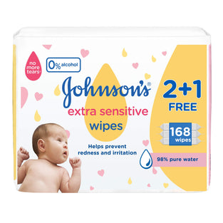 Johnson's Baby, Wipes, Extra Sensitive, 98% Pure Water, 2+1 Packs of 56 Wipes, 168 Count
