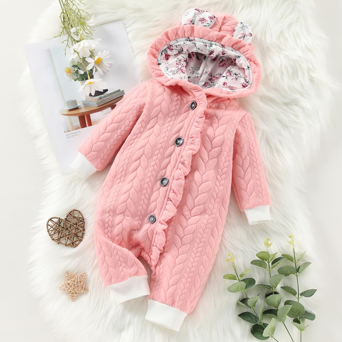 Yoolhamy Baby Romper One-Pieces Jumpsuit Warm Hoodie Fall Winter Clothes for Newborn Girs Christmas Outfit 6-9 Months Bodysuit