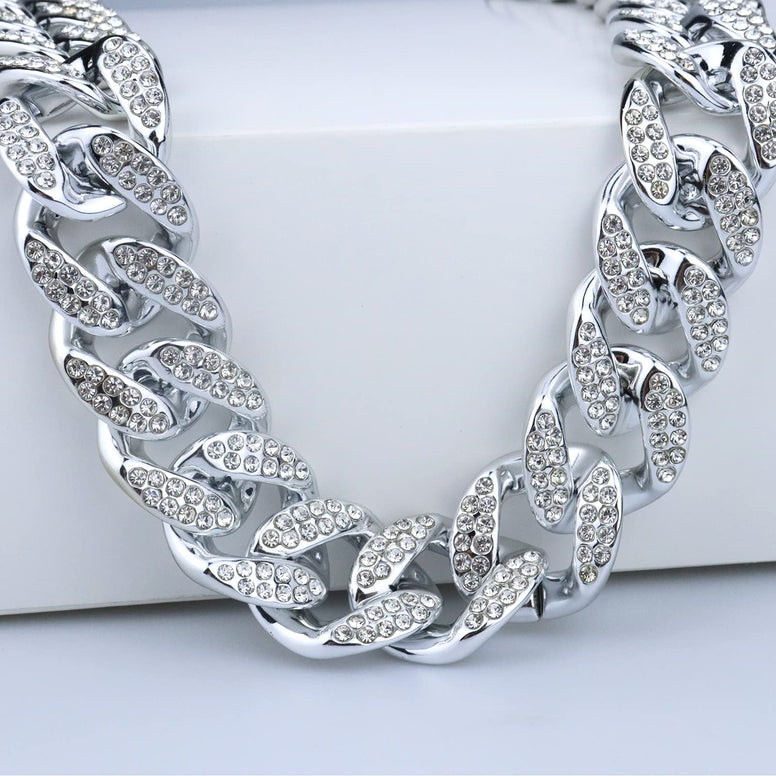 Riuziyi Plastic Shiny CZ Rhinestone Curb Cuban Link Chain Gold Silver Miami Hip Hop Chain Bling Diamond-Cut Chunky Turnover Necklace 80s 90s Costume Accessory for Men Women Unisex