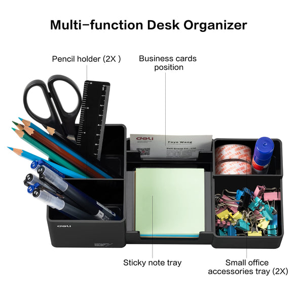 Deli Desk Organizer, Plastic Desktop Organizer with Pencil Holder and Sticky Note Tray, Office Stationery Supplies Organizers Accessories Caddy, 6 Compartments, Black