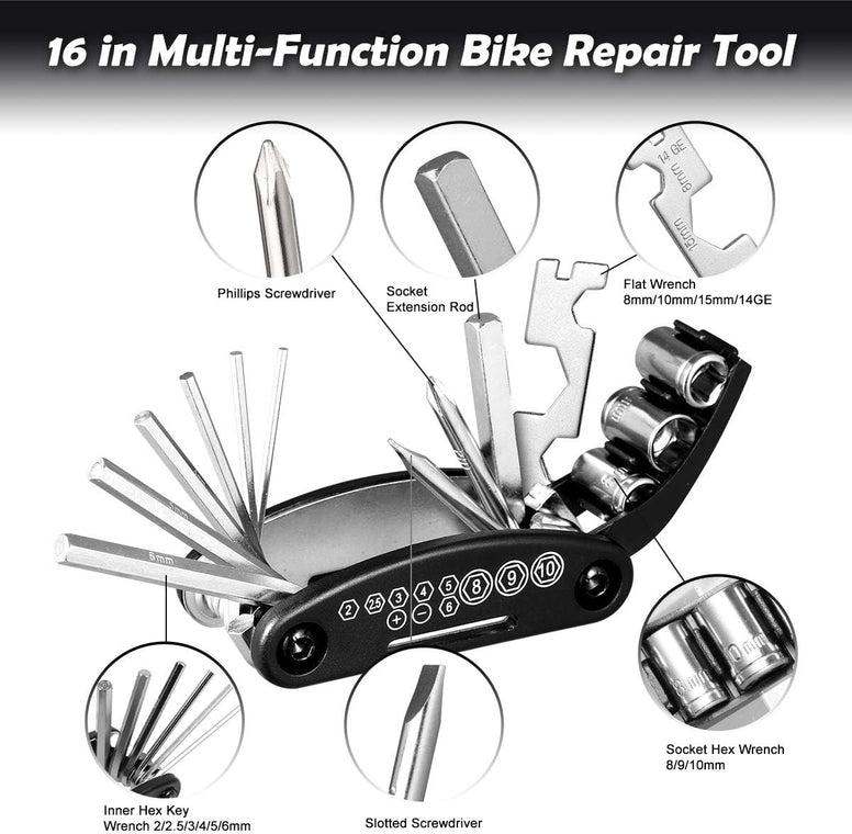 Vihir Bike Repair Kit-Bicycle Tool kit with Pump and Bag, Bike Tire Repair Kit with 2 Sizes of Tire Patches16 in 1 Bike Multi-Tool, and Tyre Levers for Home Bike/Mountain Bike