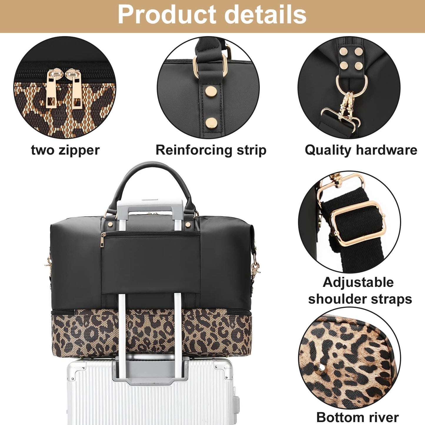 CAMTOP Weekend Travel Bag Ladies Women Duffle Tote Bags PU Leather Trim Canvas Overnight Bag Luggage, 831 Black, Weekender Bag Set Travel Bag With Makeup Bag