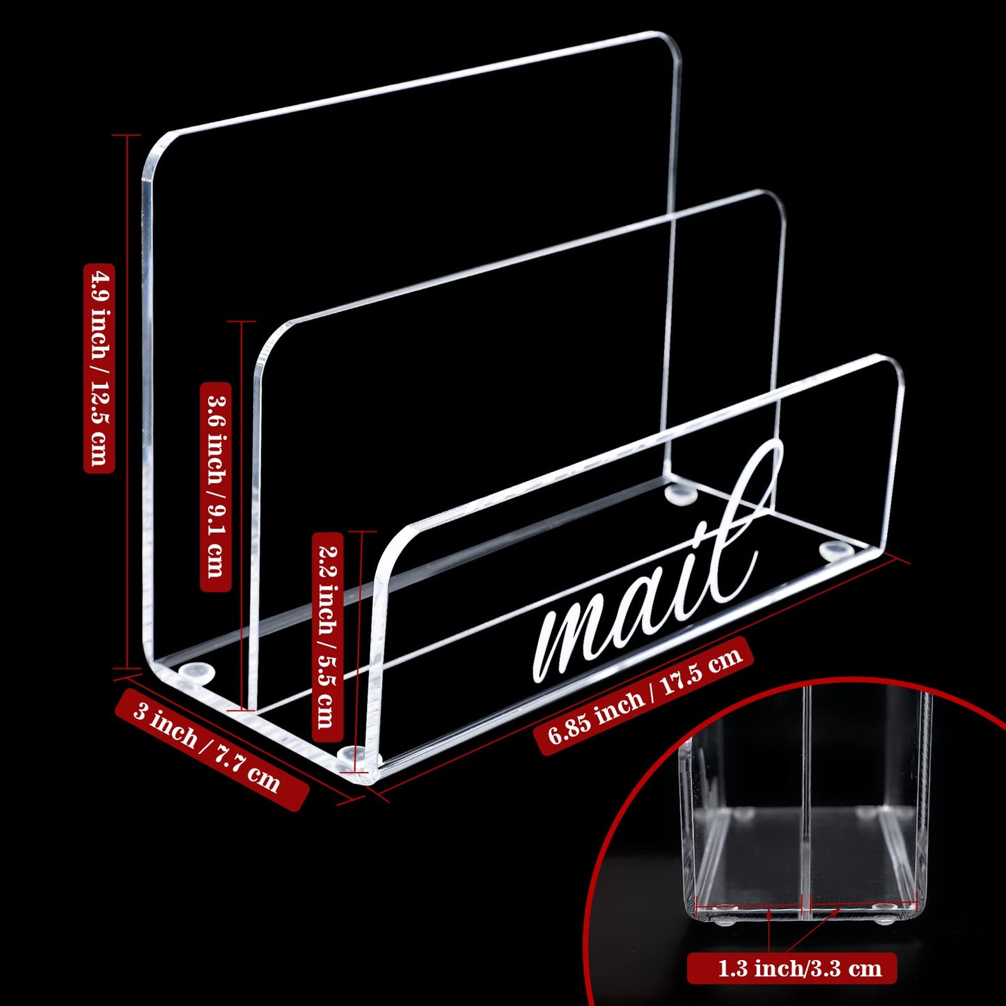 Kamehame Mail Organizer 2 Sections Clear Acrylic Mail Holder Vertical Countertop Mail Sorter with White Mail Script Front Panel Letter Holder for Desk Envelope Holder for Home Office School