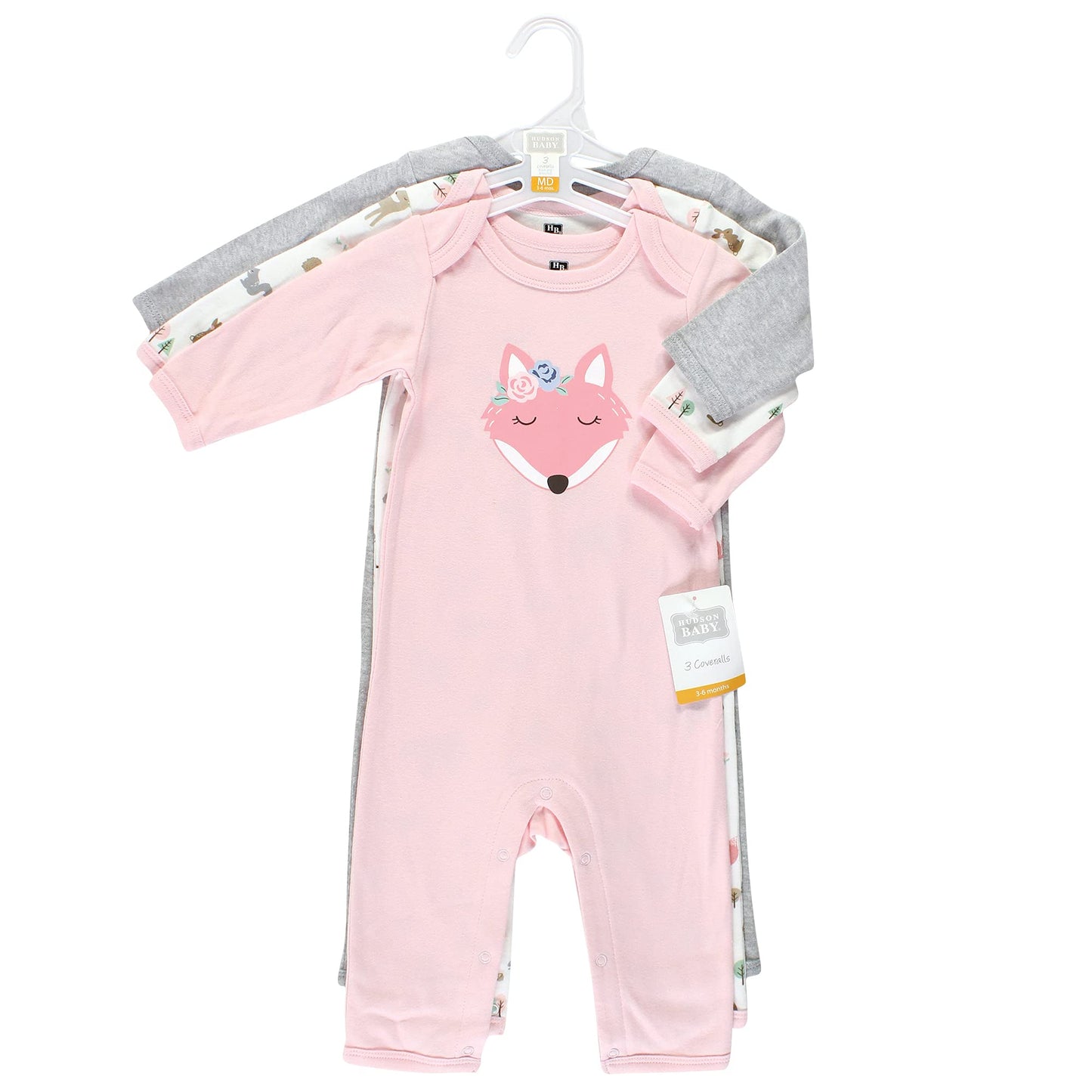 Hudson Baby baby-girls Hudson Baby Unisex Baby Cotton Coveralls, Girl Fox Rompers (0-3 Months)
