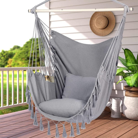 Y- STOP Hammock Chair Hanging Rope Swing, Max 330 Lbs, 2 Cushions Included-Large Macrame Hanging Chair with Pocket for Superior Comfort,Durability (Light Grey)