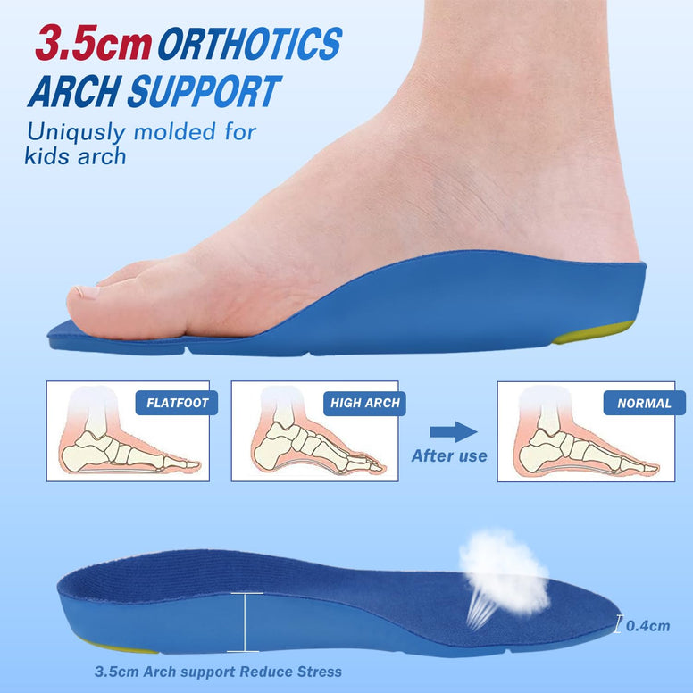 Bacophy Kids Orthotic Arch Support Shoe Insoles, Children Pu Cushioning Inserts, Shock Absorption Velvet Surfaces Deep Heel Cup Inner Sole for Flat Feet, Plantar Fasciitis, Feet Heel Pain Relief Blue