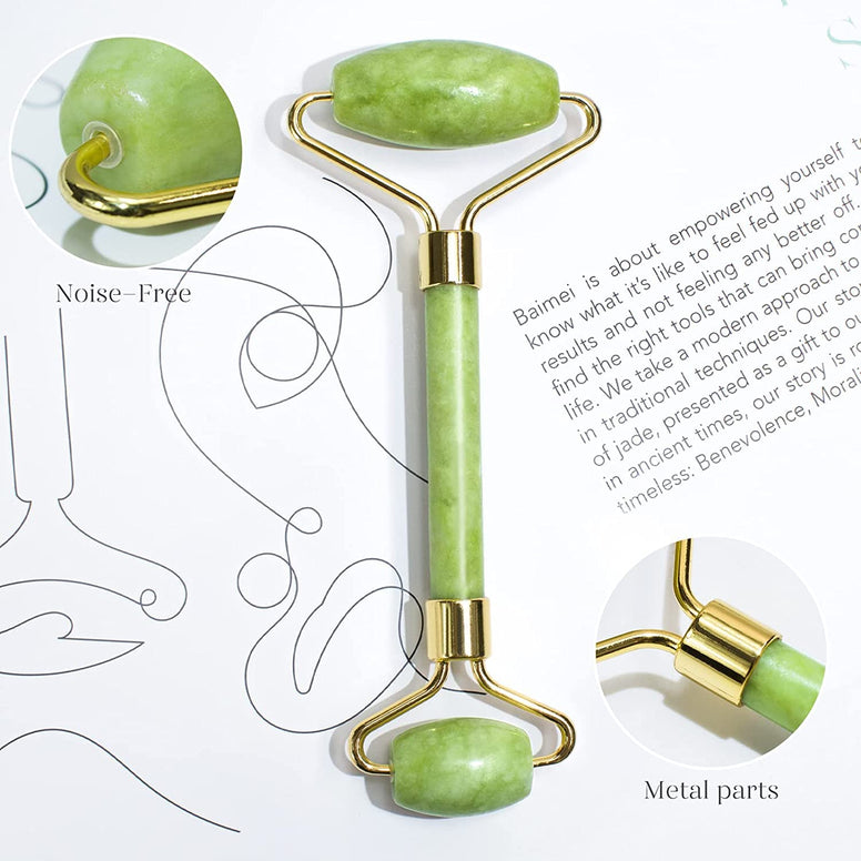 Jade Roller & Gua Sha Set Face Roller and Gua Sha Facial Body Eyes Neck Massager Tools for Skin Care Routine and Puffiness Reduce Wrinkles Aging, Zinc alloy silent roller (GREEN)
