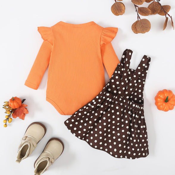 Toddler Baby Girl Thanksgiving Outfits Long Sleeve Ruffle Ribbed Top+Turkey Dot Suspender Dress Fall Winter Clothes, for 0-3 Months