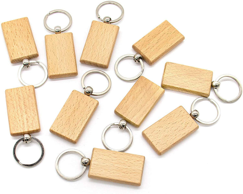 Key Chain, Blank Wood Keychain Key Ring Key Tags Personalized EDC or Best Wooden Gift Craft (Rectangle, 10 Pack)