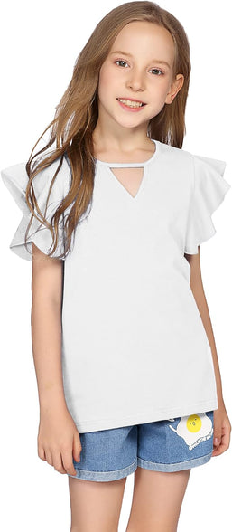 Greatchy Girls Shirts Short Sleeve Tee Ruffle Solid Summer Keyhole Neck Cotton Blouse Tops