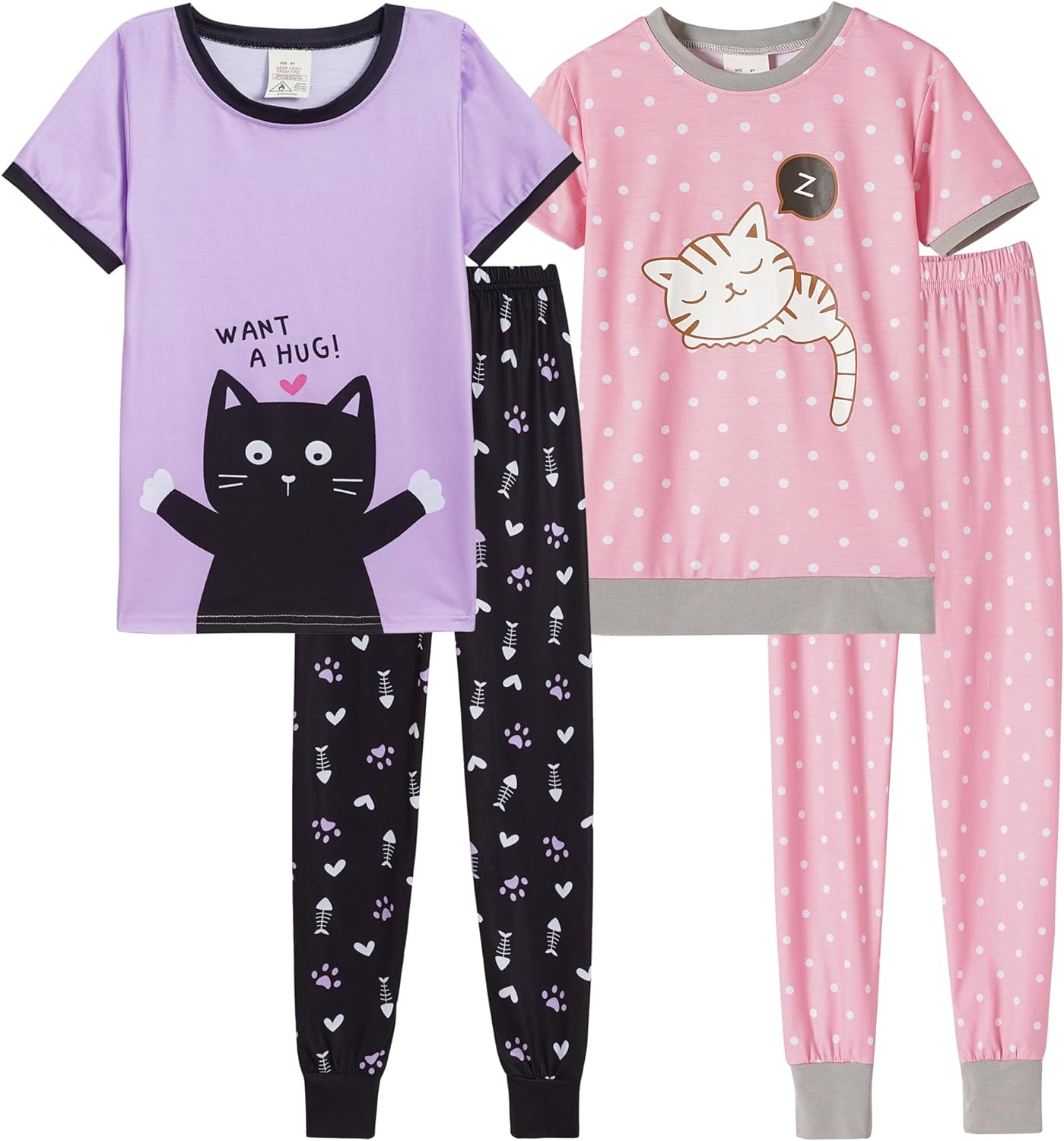 MyFav Babies, Toddlers and Girls' 4-Piece Snug Fit Cotton Pajama Set, Print Short Sleeve Loungewear