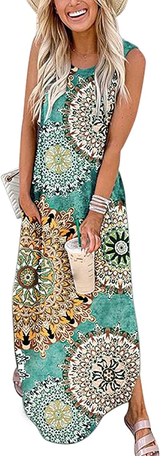 Women's Casual Printed Long Dress Sleeveless Tank Dresses Maxi T Shirt Dresses with Pockets