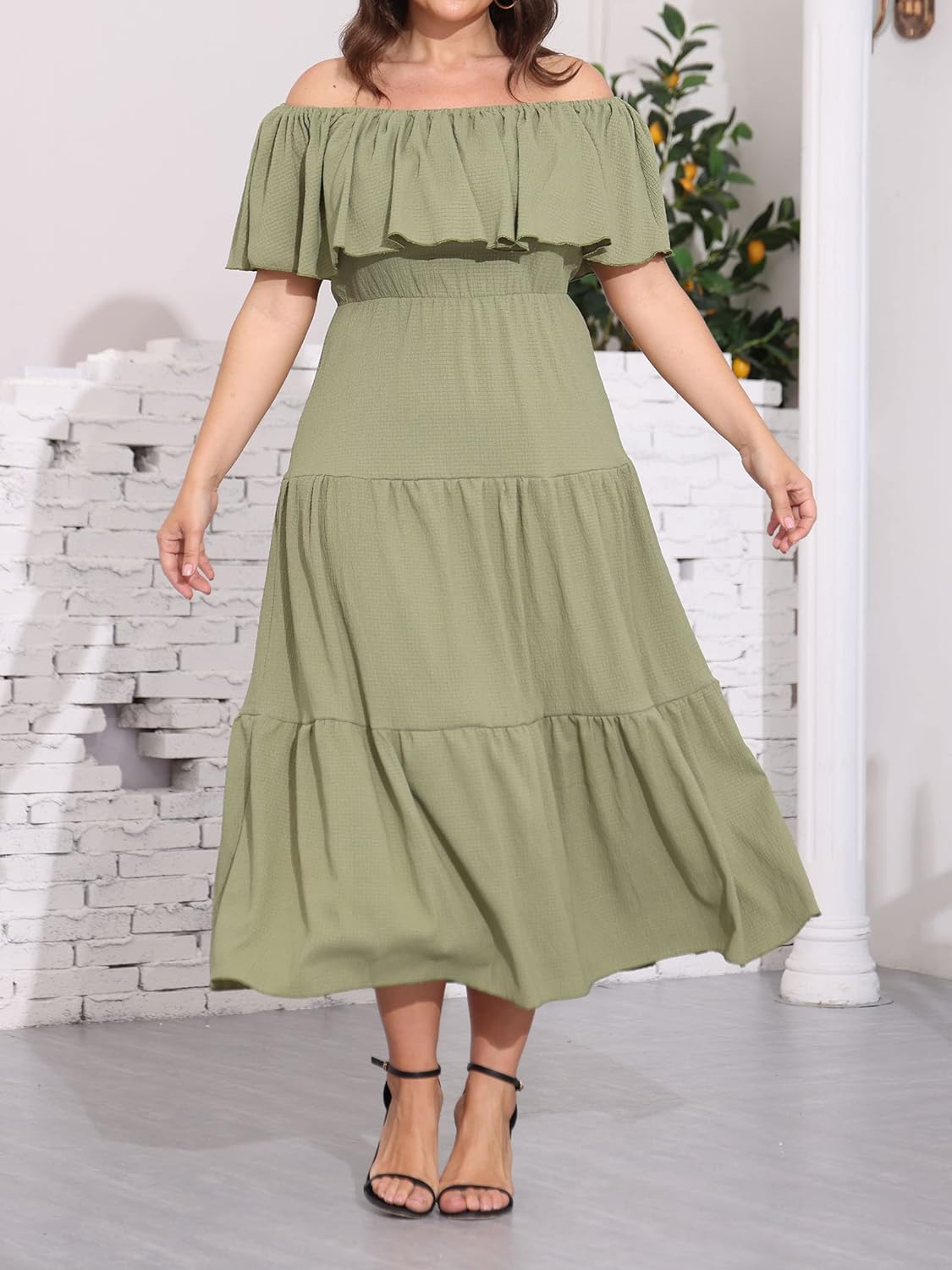 Ekaliy Women's Plus Size Off Shoulder Maxi Dress Casual Flowy Ruffle Beach Party Cocktail Long Dresses