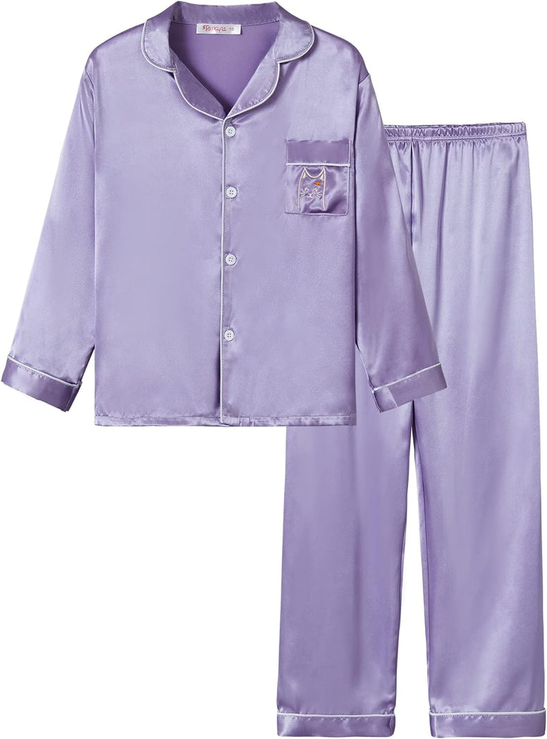 Satin Pajamas for Girls – Coat Style Unicorn Long Sleeve Silk Button Down PJ Set Size 6-16