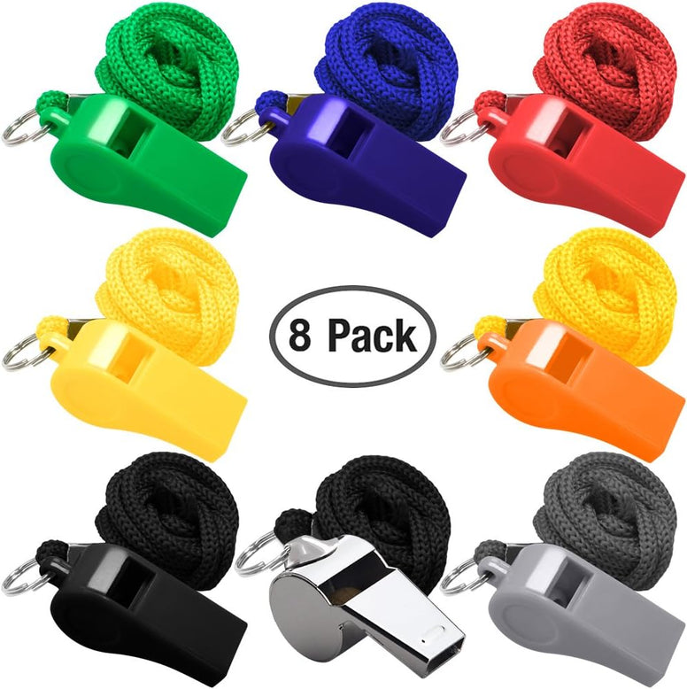 FineGood 8 Packs Coaches Referee Whistles with Lanyards, 7 Colorful Plastic and 1 Stainless Steel Metal Whistles for Football Sports Lifeguards Survival Emergency Training - Multi-Color