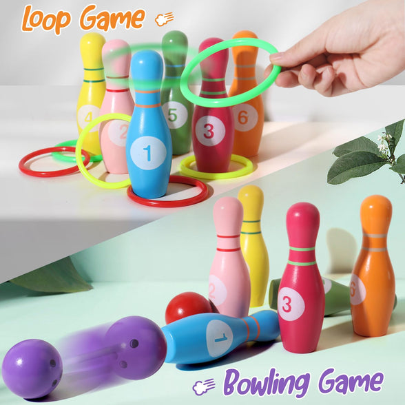 SHIERDU Wooden Kids Bowling Set - with 6 Bowling Pins & 2 Balls & 6 Ferrule - Educational Early Development Indoor & Outdoor Games Set - for Toddlers & Infants Boys & Girls Ages 3,4,5-12 Years Old