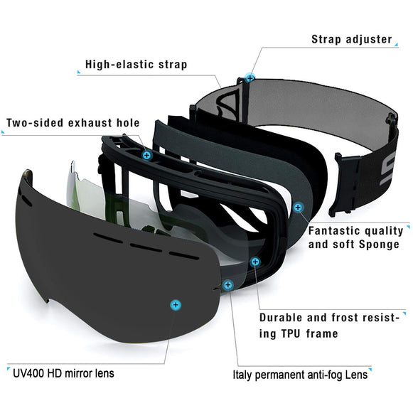 SPOSUNE Ski Goggles Over Glasses - Snow/Snowboard Goggle for Men, Women & Youth - UV400 Anti-Fog Snowmobile Goggles