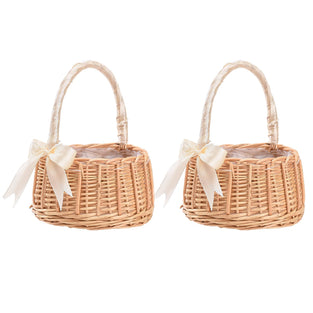 JYCRA 2PCS White Wedding Flower Girl Baskets,Wicker Picnic Basket with Handles & Liners,Wicker Rattan Flower Basket,Petal Basket Candy Storage Basket