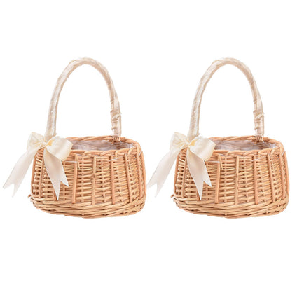 JYCRA 2PCS White Wedding Flower Girl Baskets,Wicker Picnic Basket with Handles & Liners,Wicker Rattan Flower Basket,Petal Basket Candy Storage Basket