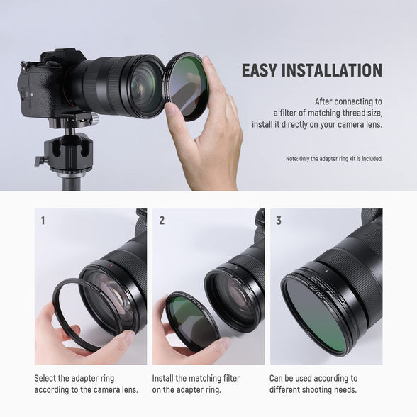 Neewer 8 Pieces Step-up Adapter Ring Set Made of Premium Anodized Aluminum, includes: 49-52mm, 52-55mm, 55-58mm, 58-62mm, 62-67mm, 67-72mm, 72-77mm, 77-82mm-Black