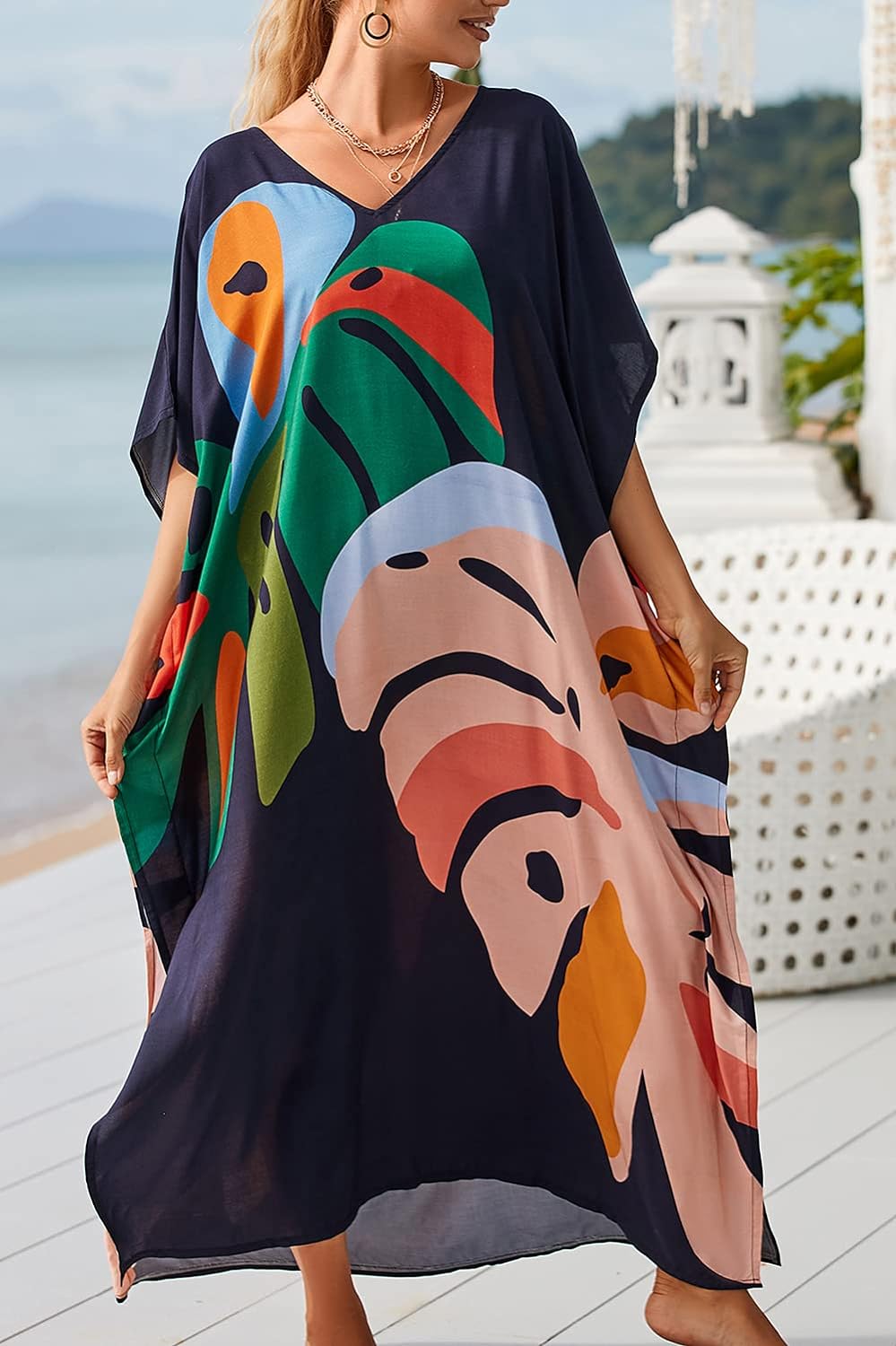 YouKD Maxi Dress V-Neck Kaftan Boho Robes Beach Cover-ups Dress Roomy Gowns for Women