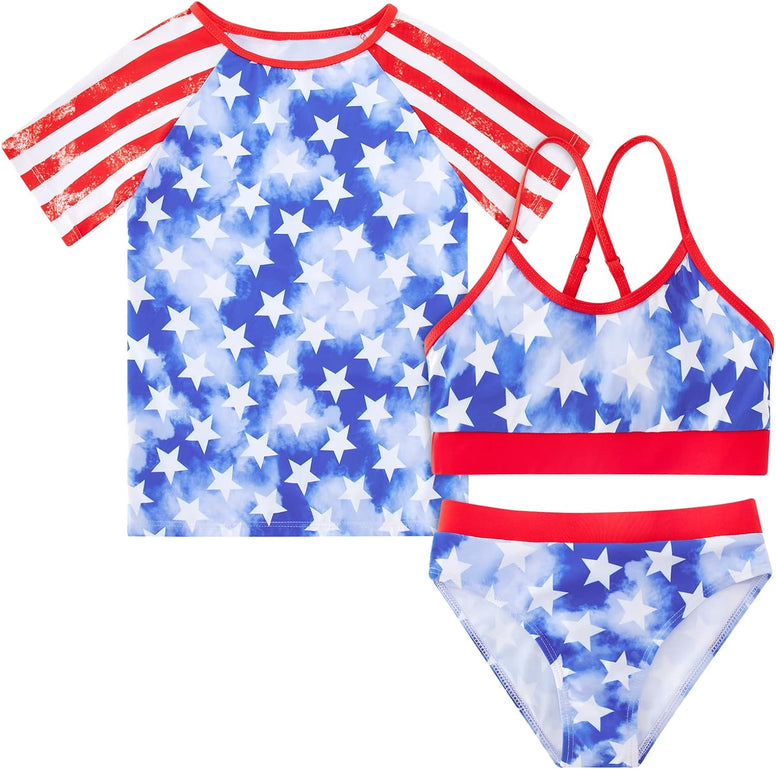 Vogseek Rash Guard Swimwear Girls 3-Piece Short Sleeve Swimsuit Kids Bathing Suit UPF 50+ Quick Dry Bikini Girls 7T-13T