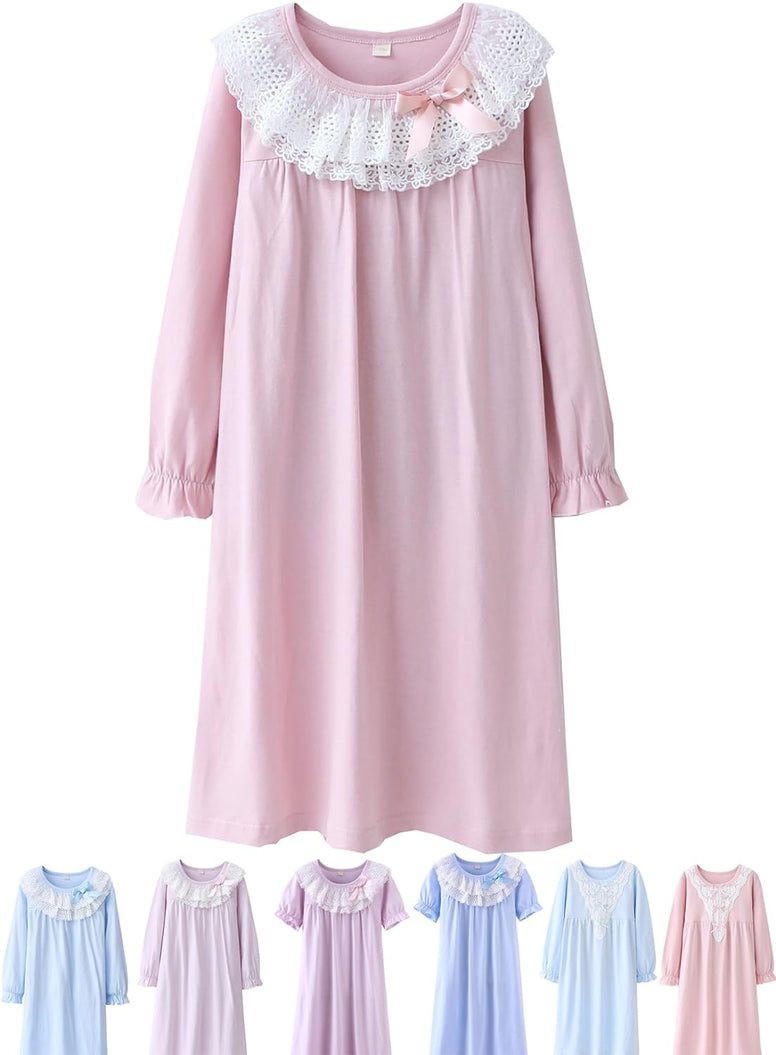 ABALACOCO Girls Kids Princess Lace Nightgown Long Sleeve Cotton Sleepwear Dress Pretty V-neck Loose Homewear