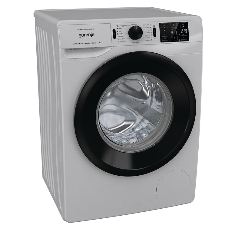 Gorenje WNEI84AS/A, 8 Kg Fully Automatic Front Load Washing Machine, 16 Programs, Energy and Water Efficient, Wave Drum, 1400 RPM, Silver, Made in Slovenia, 1 Year Warranty