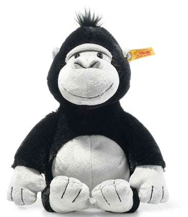 Steiff 069116 Original Soft Toy Bongy Gorilla Soft Cuddly Friends Cuddly Toy Approximately 30 cm Branded Plush with Button in the Ear Cuddly Friend for Babies from Birth Black/Light Grey