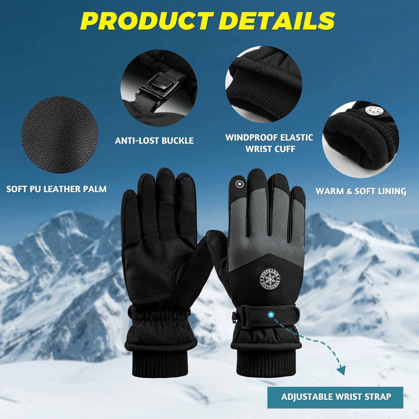 Trifabricy Winter Ski Gloves for Men Women, Waterproof Windproof Touchscreen Gloves Cold Weather, Snow Gloves for Skiing Snowbarding