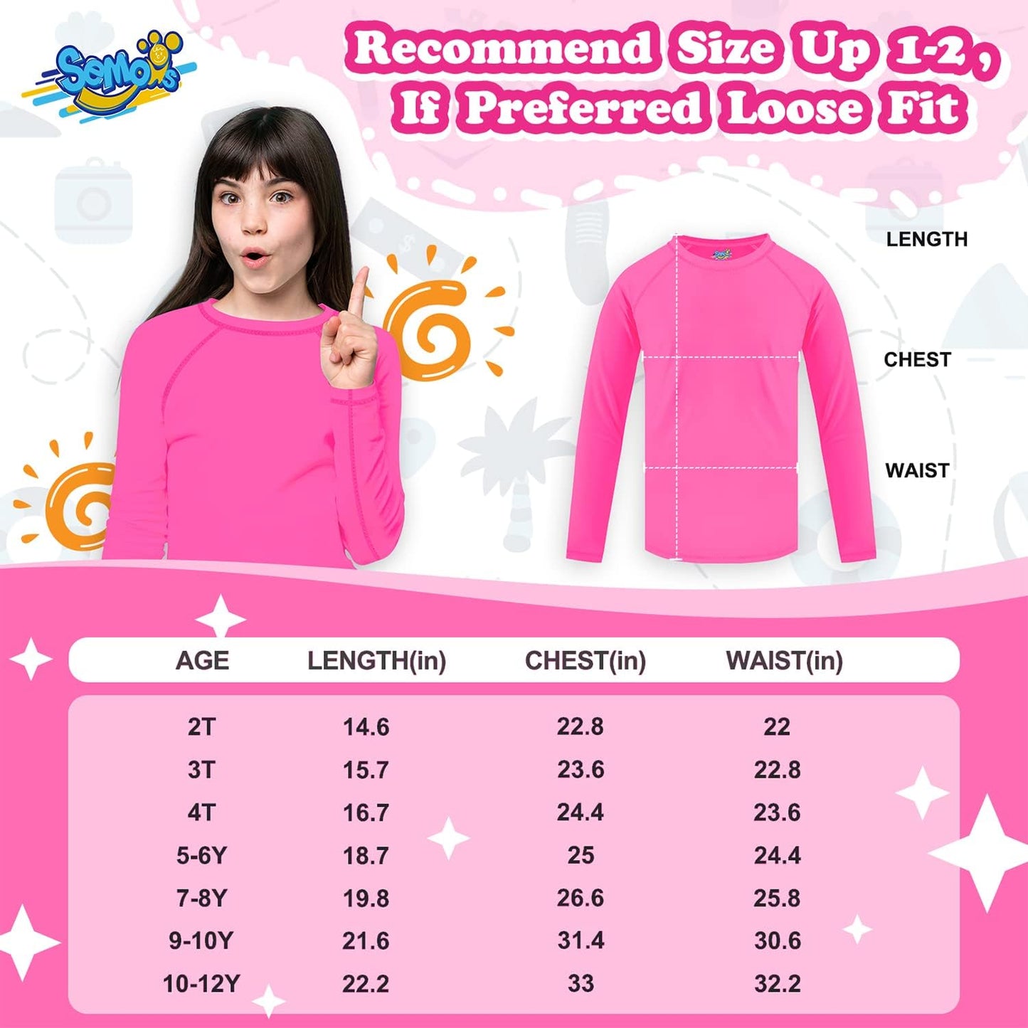 Girls Rash Guard Neon Pink Swim Shirt Long Sleeve for Toddler Kids Rashguard Water Shirt UPF+ 50 Swimming Sun Shirt Swimwear