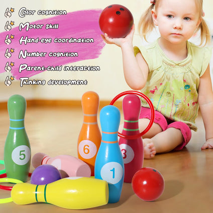 SHIERDU Wooden Kids Bowling Set - with 6 Bowling Pins & 2 Balls & 6 Ferrule - Educational Early Development Indoor & Outdoor Games Set - for Toddlers & Infants Boys & Girls Ages 3,4,5-12 Years Old