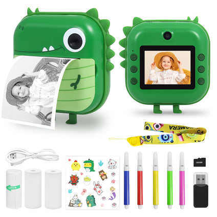 AURTEC Instant Camera for Kids, Mini Thermal Printing Camera, No Ink Required, 48MP Dual Camera,1080P HD Video, 32G TF Card, 3 Print Paper, 2.4 Inch Color Screen, Cute Animal Cartoon Design, Dinosaur