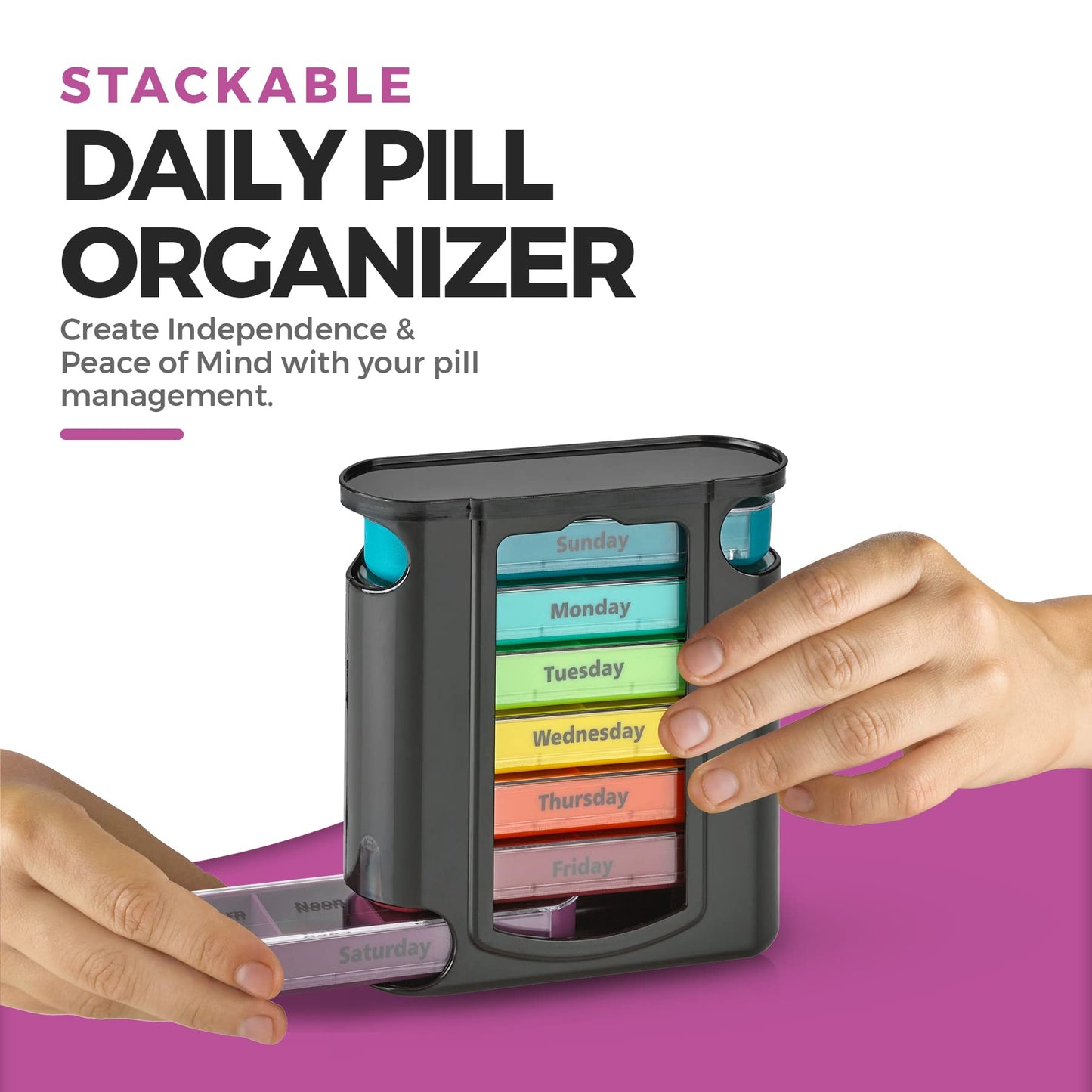 Stackable Daily Pill Organizer - (4 Times a Day) Weekly Medication Reminder - Premium Weekly AM/PM Pill Box with 7 Individual Stacking Cases, a Everyday Medicine Organizer for Vitamins