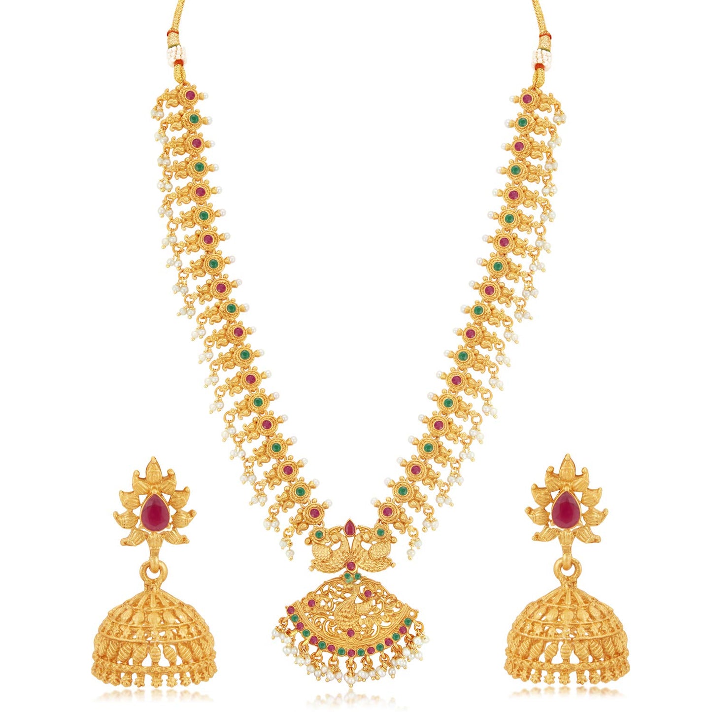 Sukkhi Classic Pearl Gold Plated Long Haram Necklace Set for Women (SKR70419), Pink & Green, Free Size