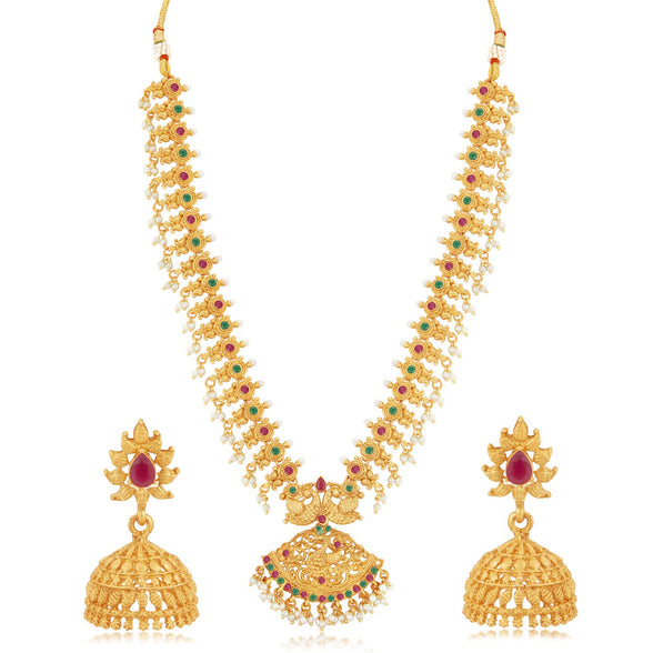 Sukkhi Classic Pearl Gold Plated Long Haram Necklace Set for Women (SKR70419), Pink & Green, Free Size