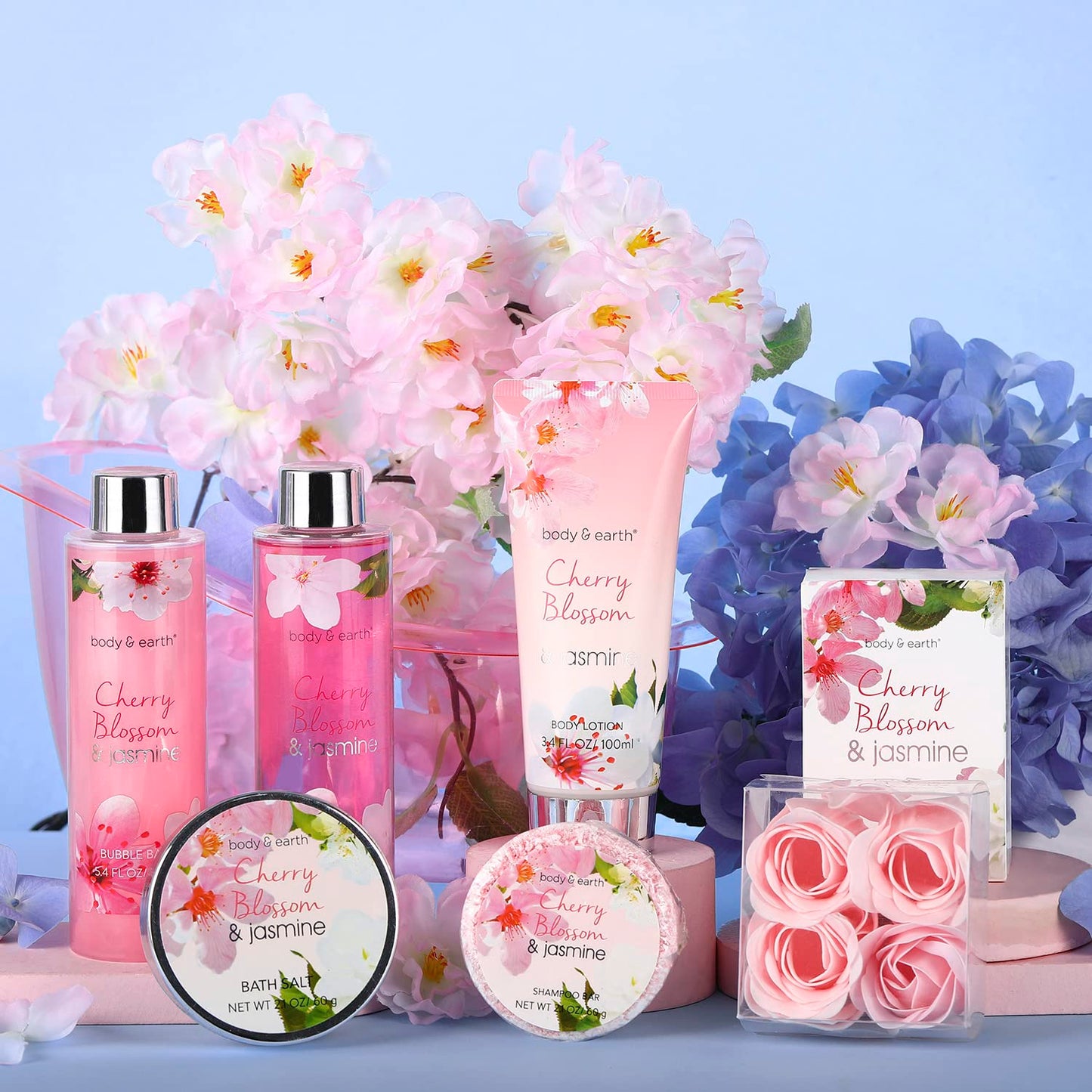 BODY & EARTH 8-Piece Spa Gifts for Women, Gift for Women, Cherry Blossom and Jasmine Fragrance, Bubble Bath, Shower Gel, Bath Salt, Birthday Gift for Women, Mum, Girlfriend