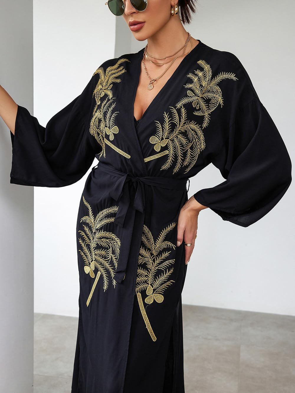 YouKD Embroidered Kaftan Dress Boho Beach Bikini Cover Up Robe Plus Size Loungewear for Women